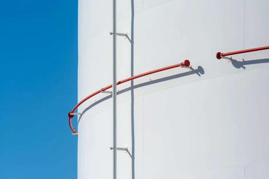 Close-up of a white industrial tank with a curved red duct against a blue sky.